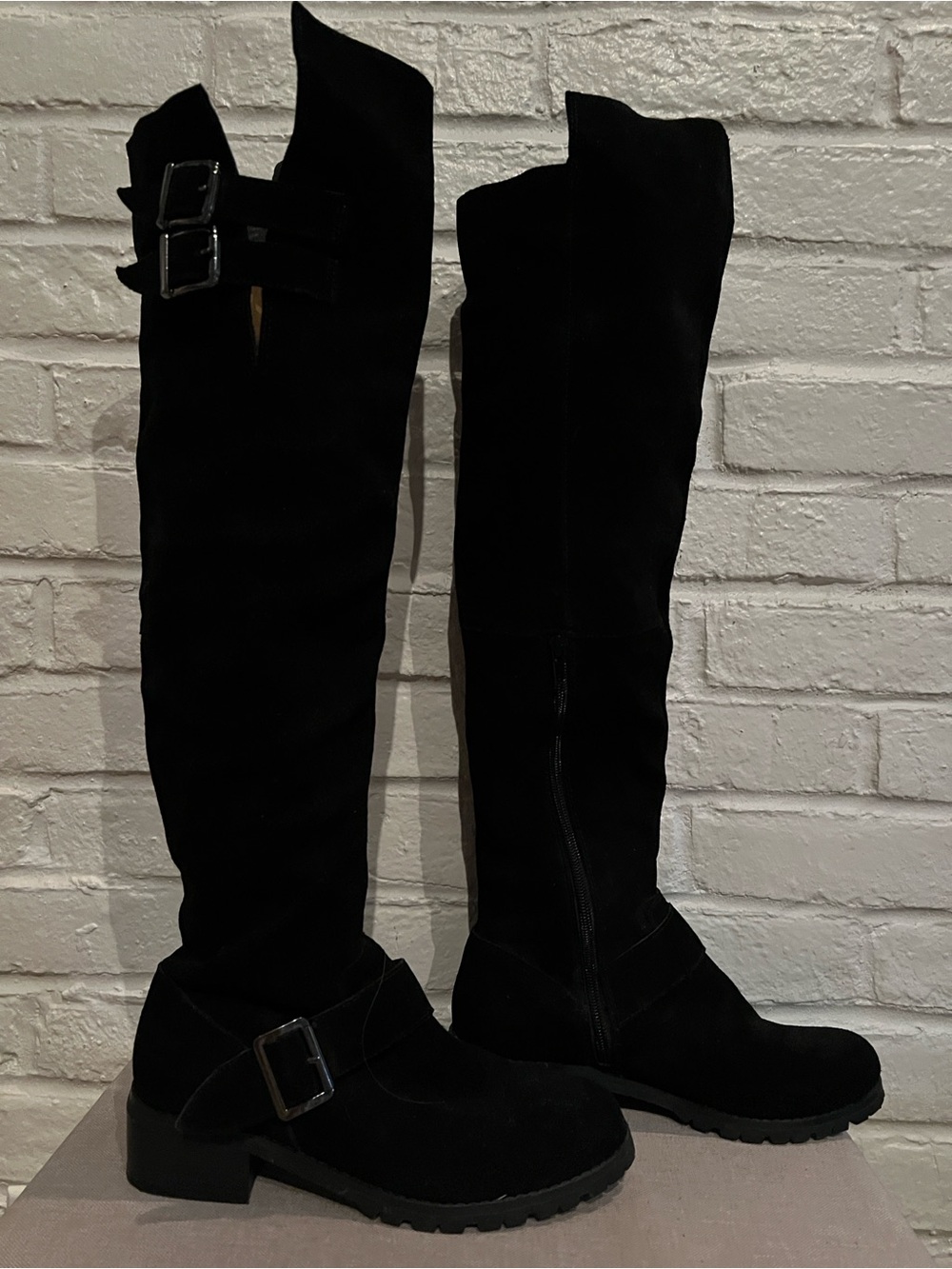 SOLE SOCIETY Black Suede Over the Knee Boots with Low heel Lug sole Buckles - Picture 2 of 16